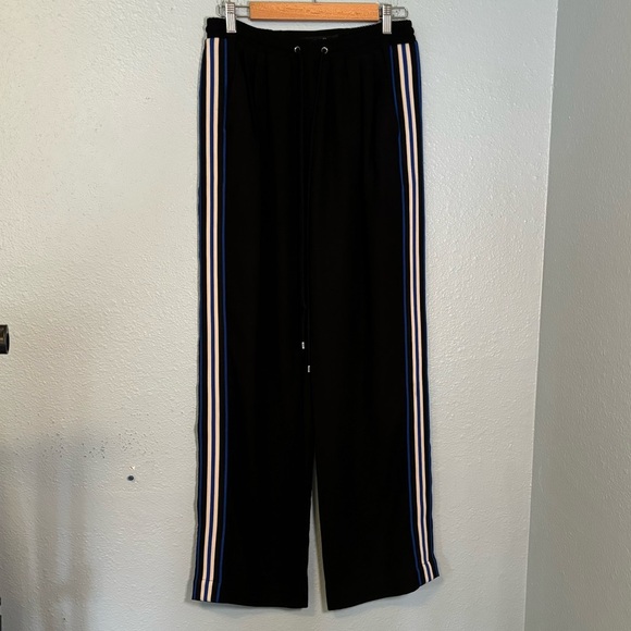 Karen Millen Wide Leg Sporty Trousers Black with Blue White Side Stripe - Picture 2 of 11